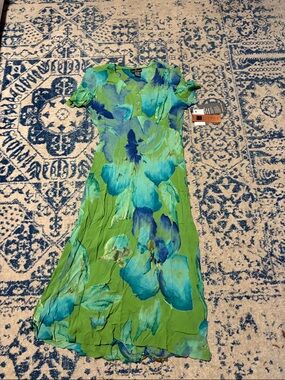 Carole Little Lime Green Maxi Dress with Blue Floral Print